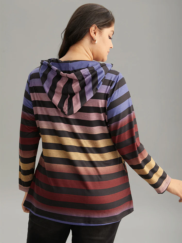 Colour Striped Ombre Hooded Drawstring T-shirt - Image 2