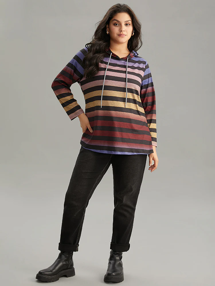 Colour Striped Ombre Hooded Drawstring T-shirt - Image 3