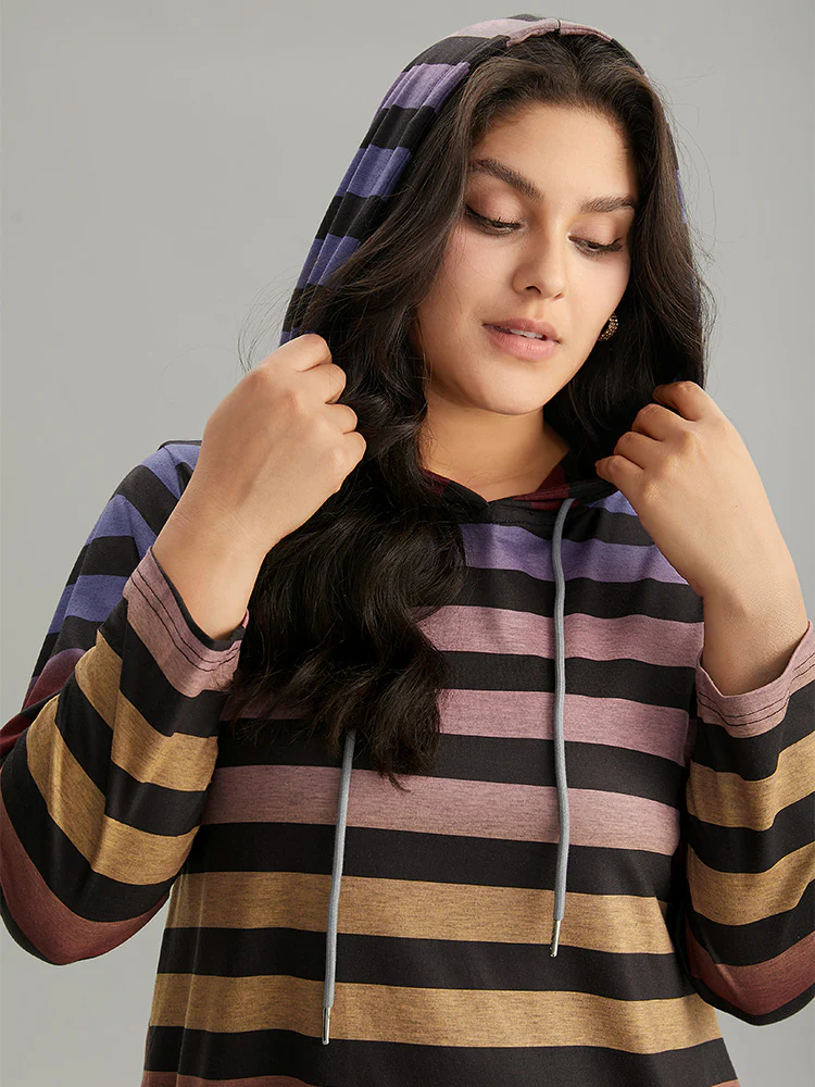 Colour Striped Ombre Hooded Drawstring T-shirt - Image 4