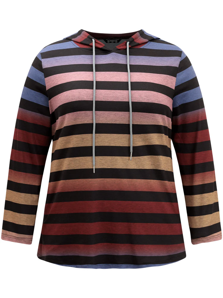 Colour Striped Ombre Hooded Drawstring T-shirt - Image 5