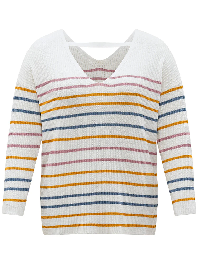Colour Striped V Neck Back Cut Out Pullover - Image 10