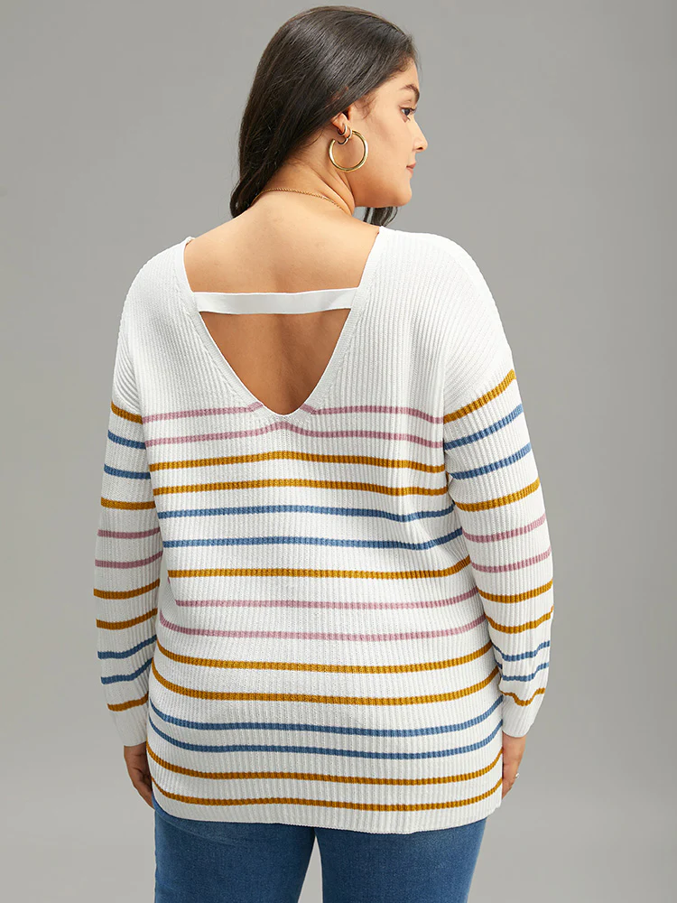 Colour Striped V Neck Back Cut Out Pullover - Image 2