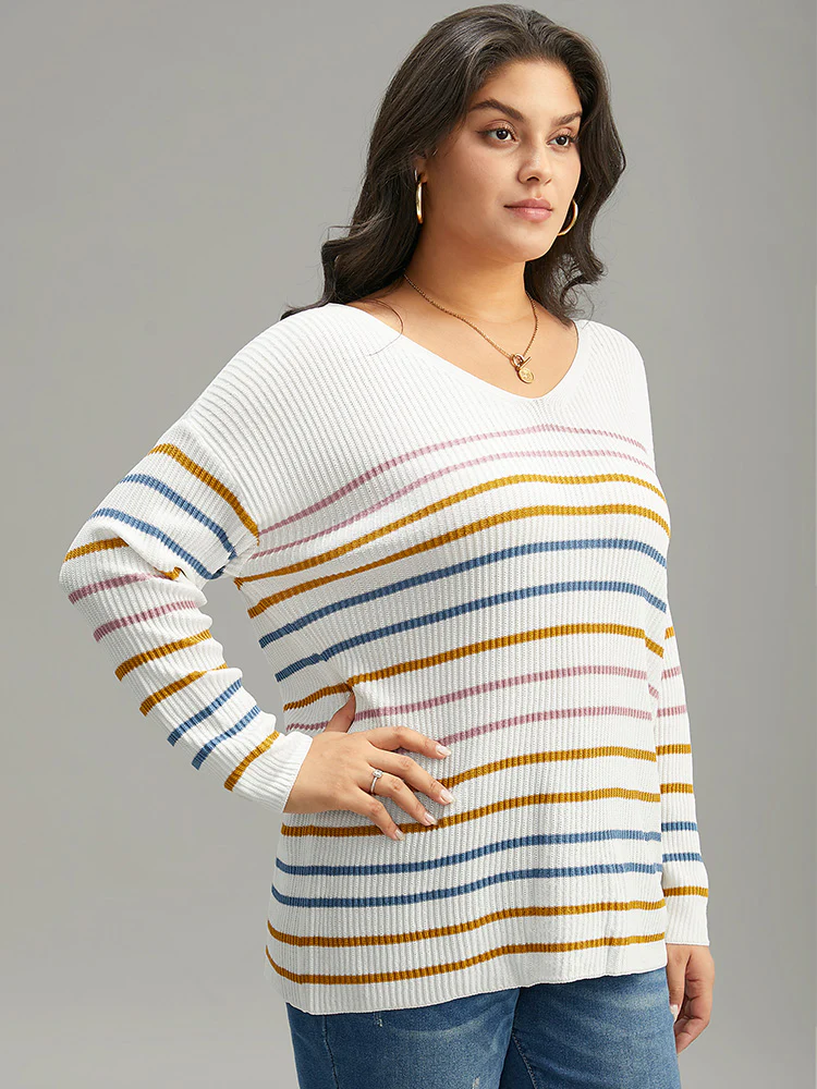 Colour Striped V Neck Back Cut Out Pullover - Image 3
