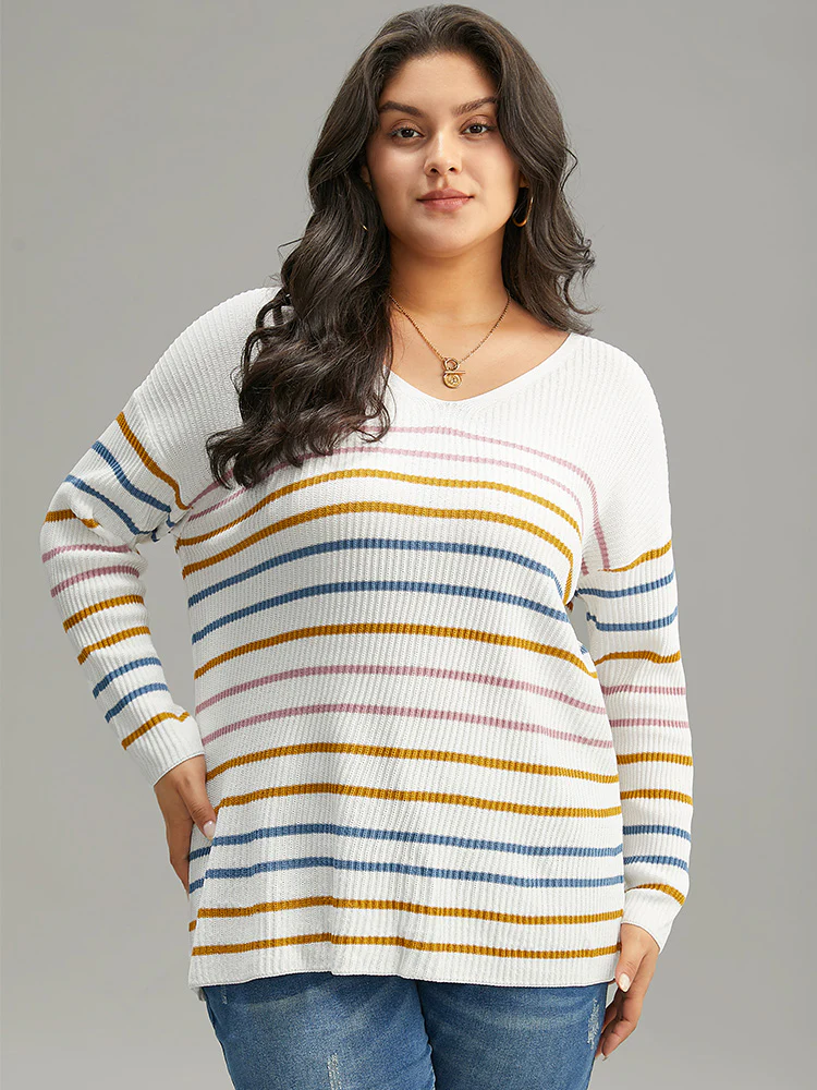 Colour Striped V Neck Back Cut Out Pullover - Image 4