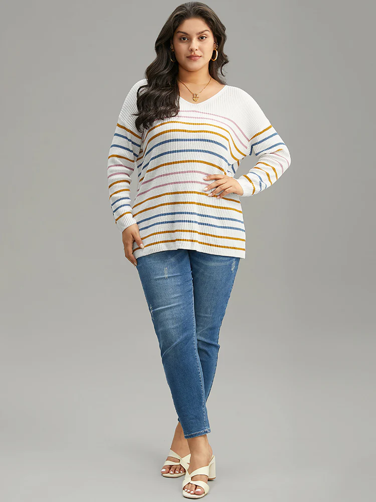 Colour Striped V Neck Back Cut Out Pullover - Image 5