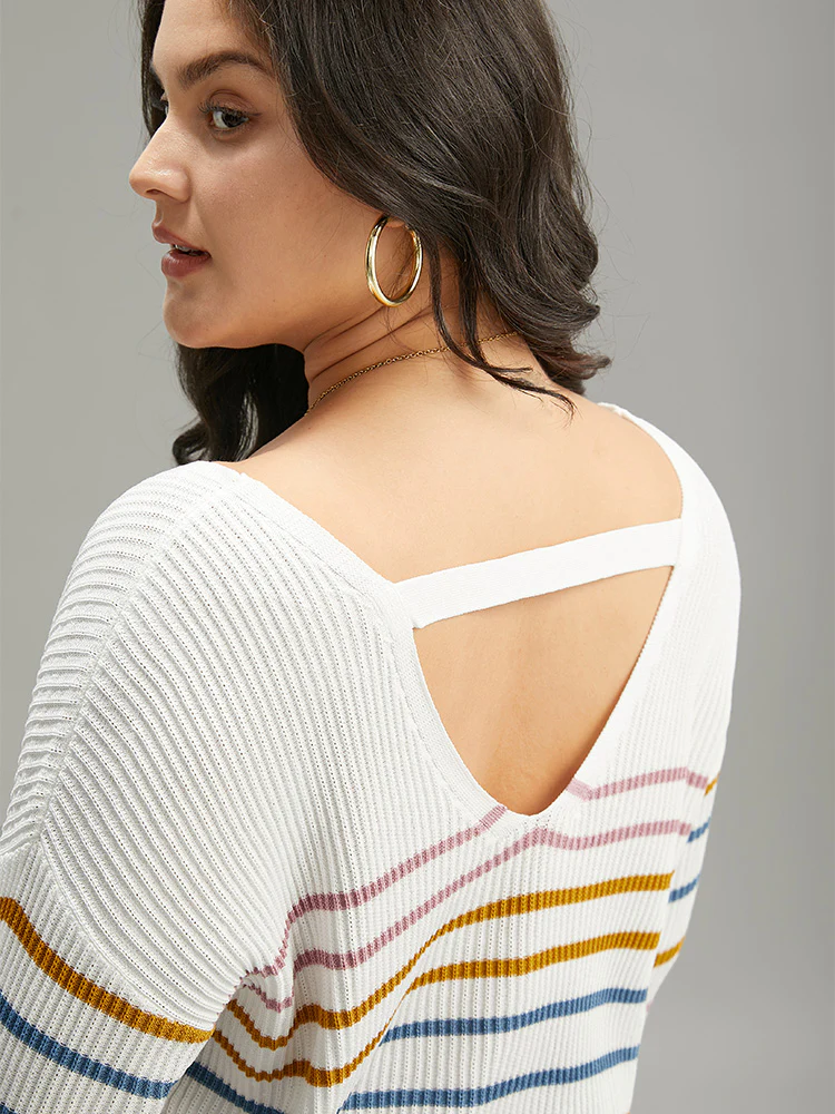 Colour Striped V Neck Back Cut Out Pullover - Image 6