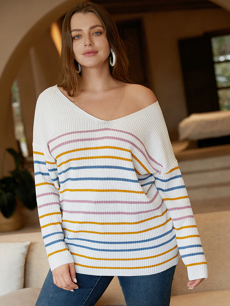 Colour Striped V Neck Back Cut Out Pullover - Image 8