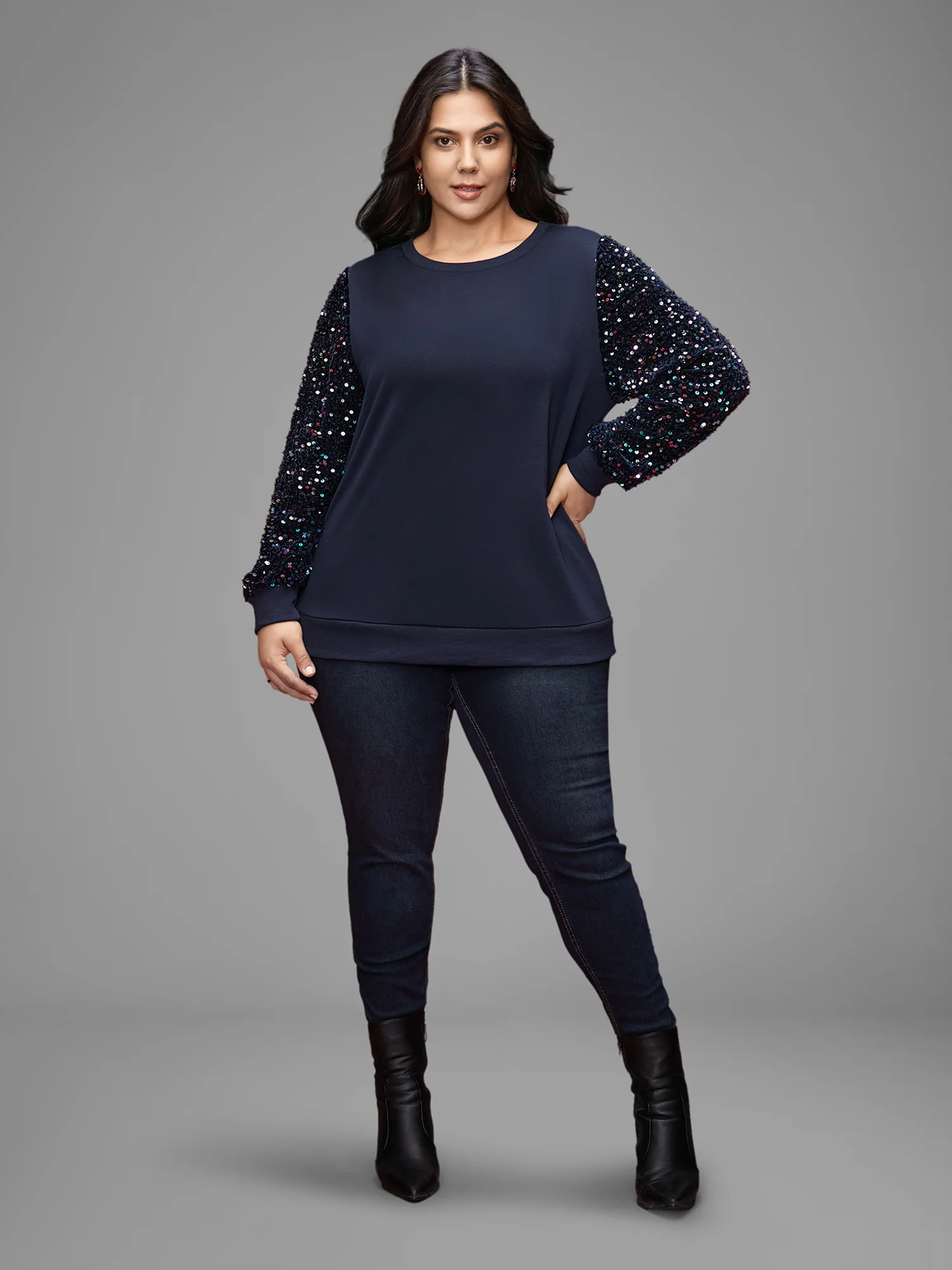 Sequin Sleeves Velvet Panel Sweatshirt - Image 2