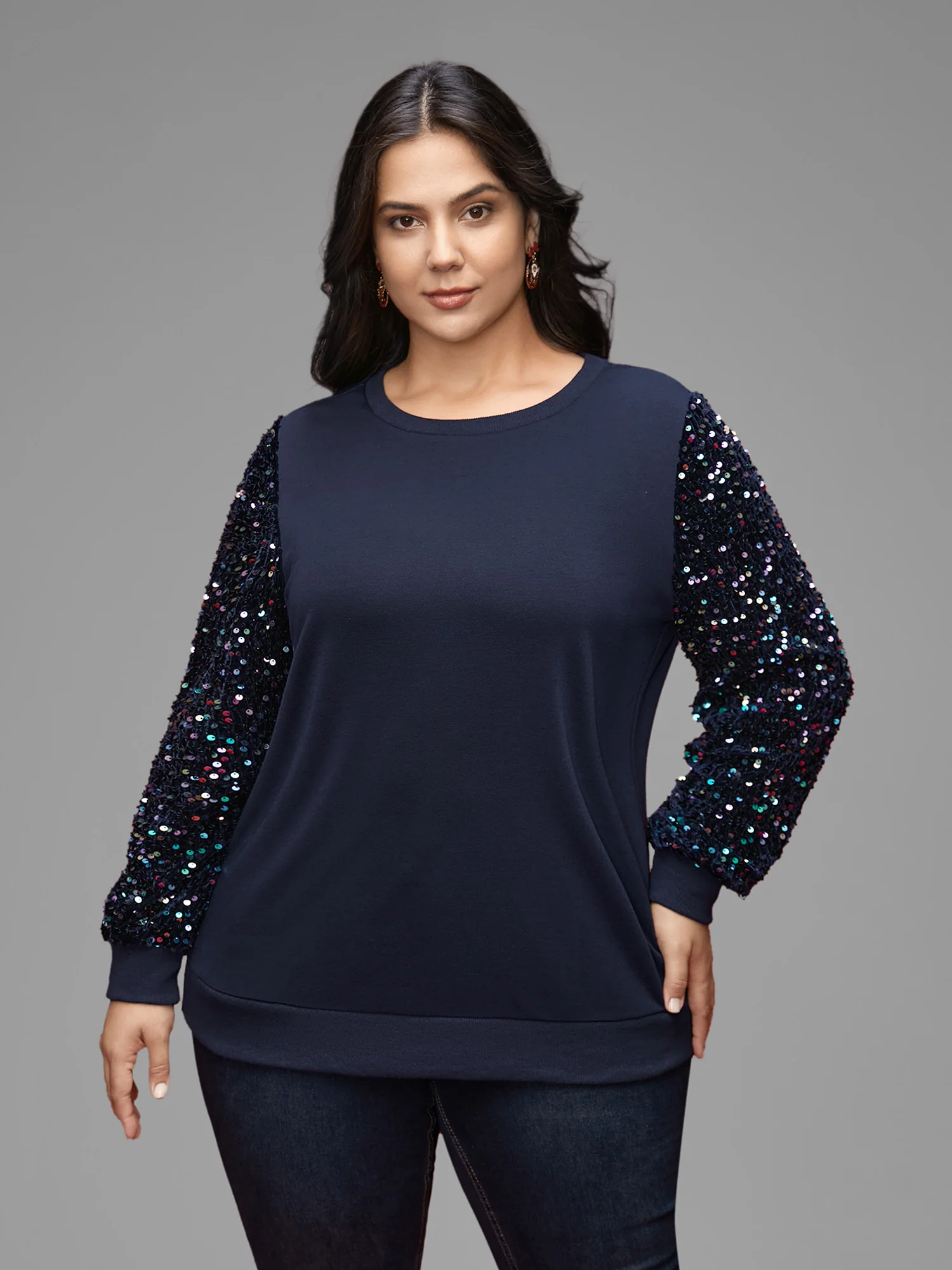 Sequin Sleeves Velvet Panel Sweatshirt - Image 4