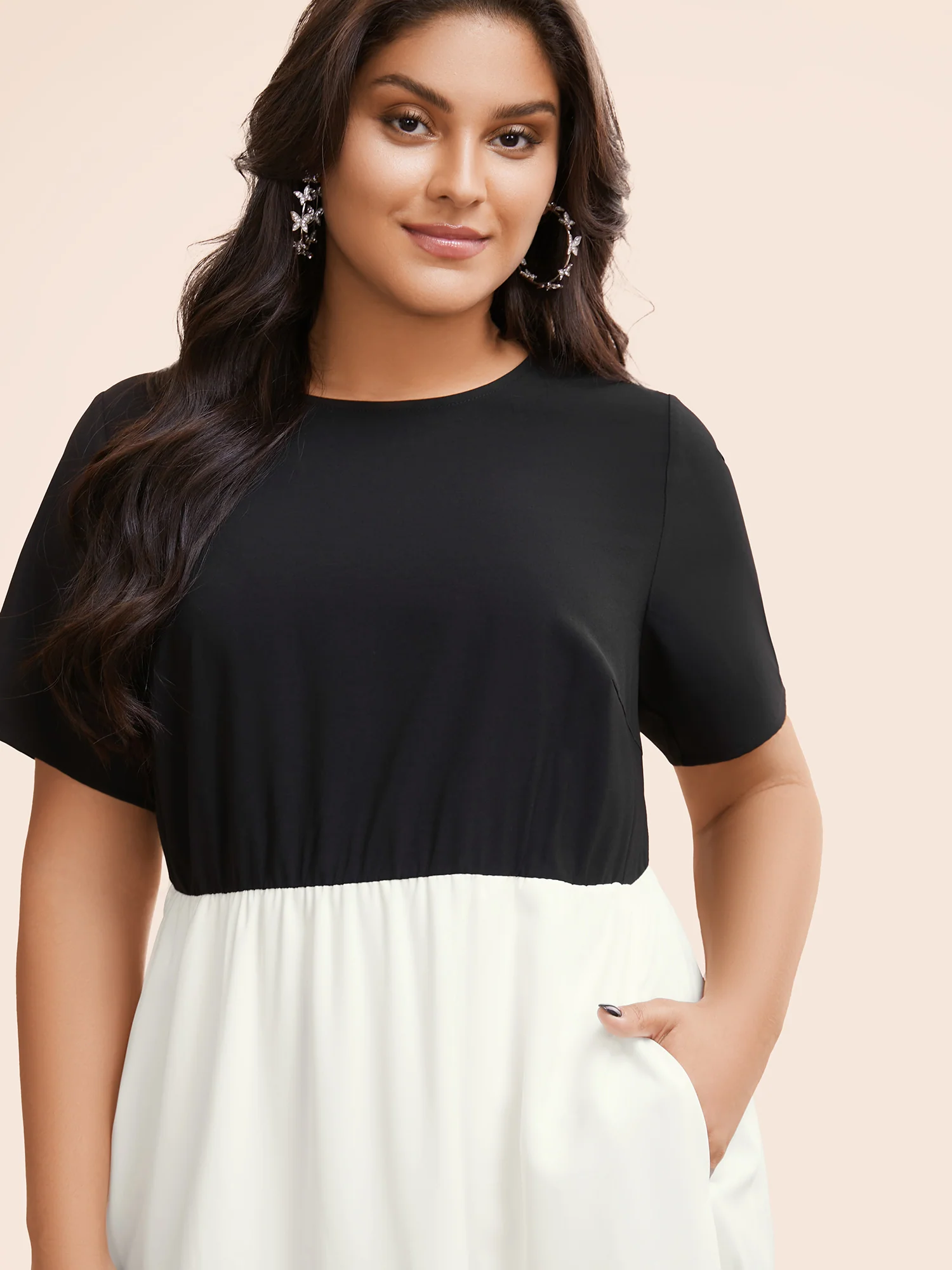 Contrast Belted Pocket Layered Hem Dolman Sleeve Dress - Image 2