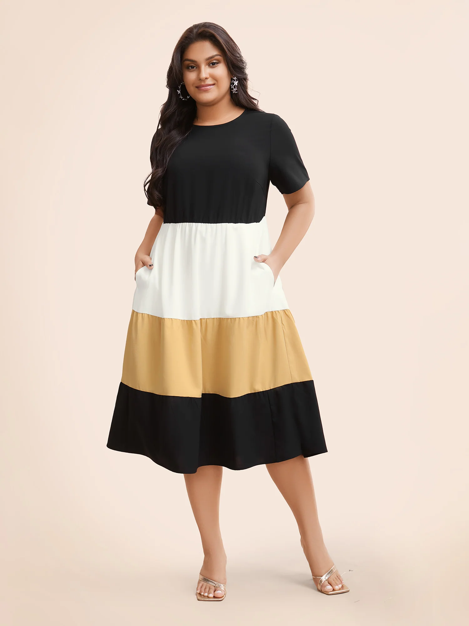 Contrast Belted Pocket Layered Hem Dolman Sleeve Dress - Image 3