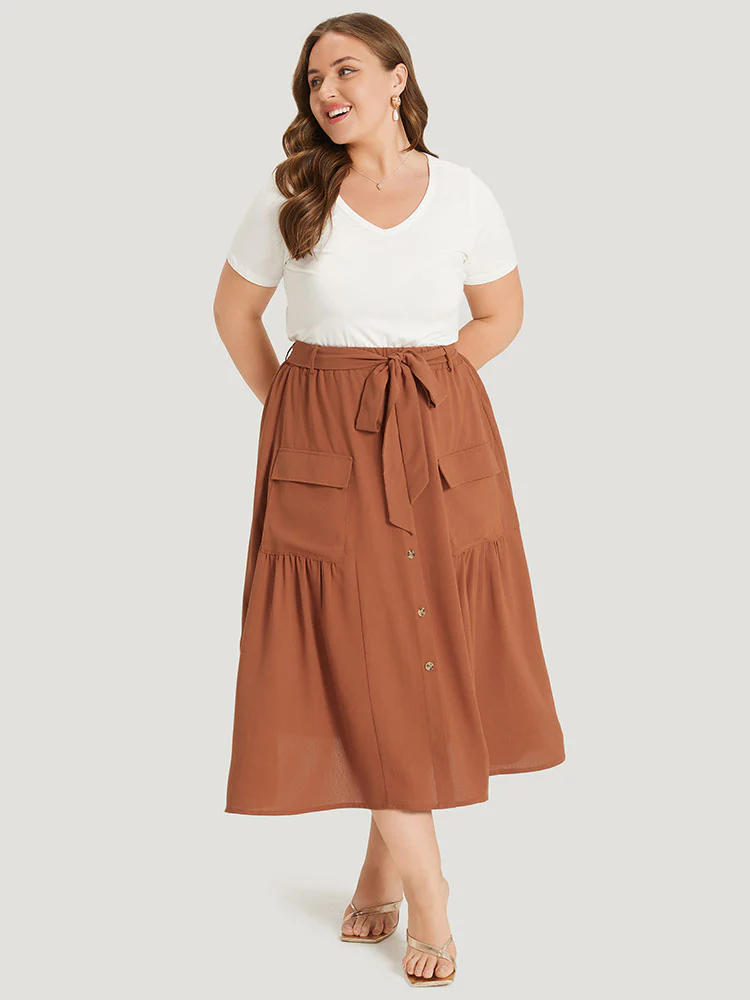 Contrast Button Detail Flap Pocket Gathered Skirt - Image 3