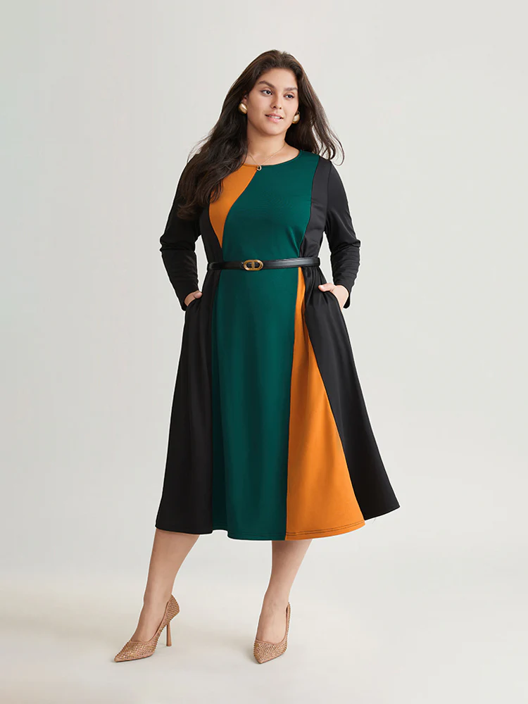 Contrast Colorblock Pocket Long Sleeve Dress - Image 2