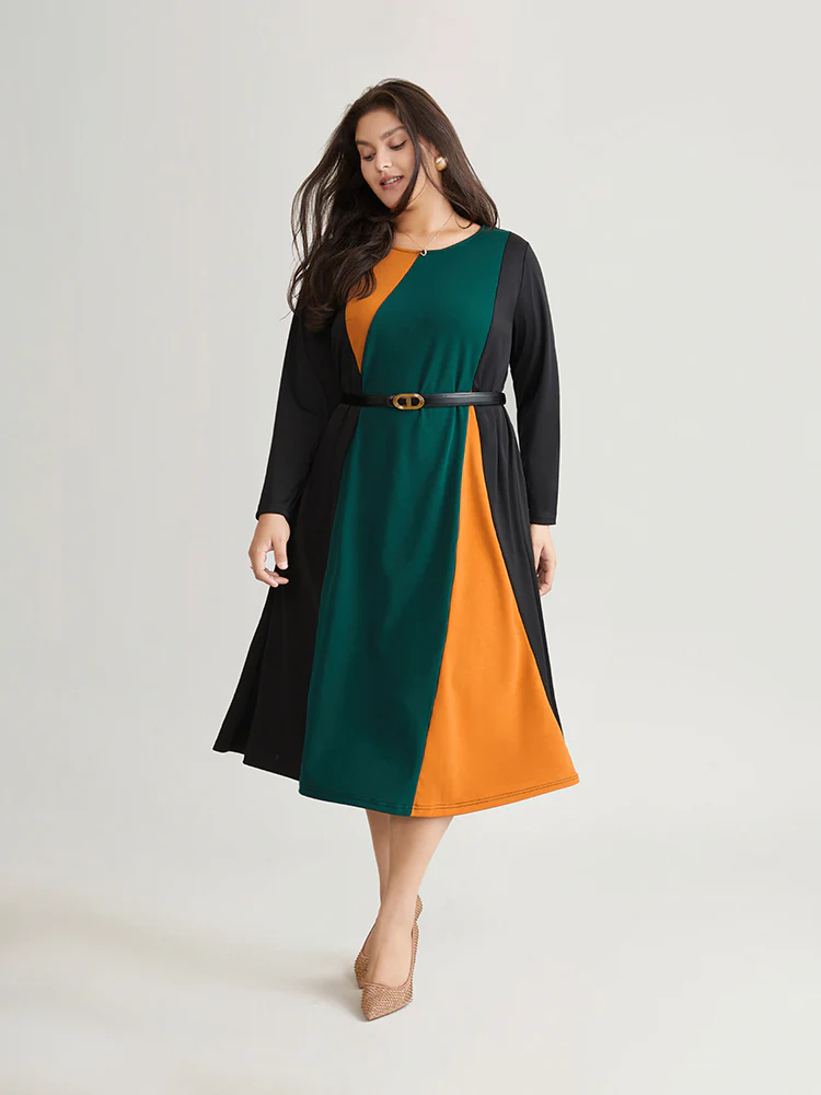 Contrast Colorblock Pocket Long Sleeve Dress - Image 3