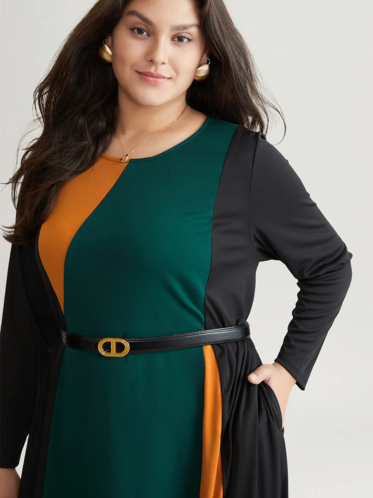 Contrast Colorblock Pocket Long Sleeve Dress - Image 4