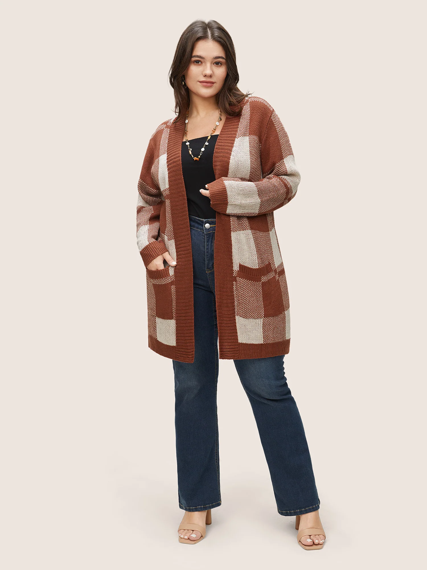 Contrast Colorblock Pocket Open Front Cardigan - Image 3