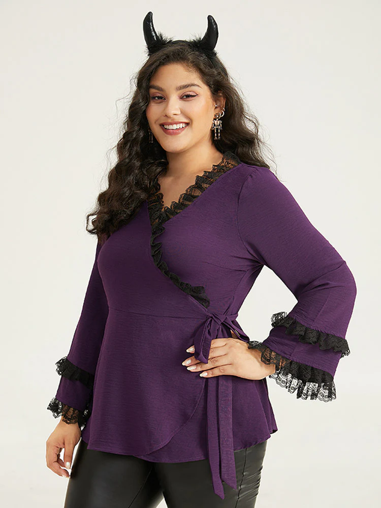 Halloween Contrast Eyelet Lace Wrap Layered Cuffs Blouse - Image 2