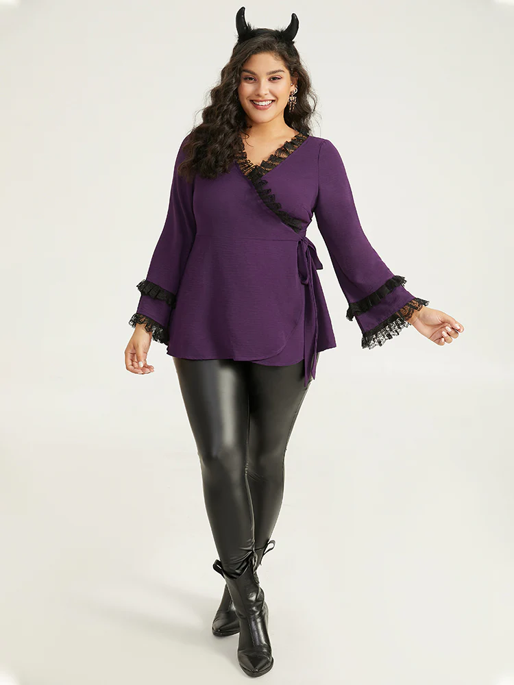 Halloween Contrast Eyelet Lace Wrap Layered Cuffs Blouse - Image 3