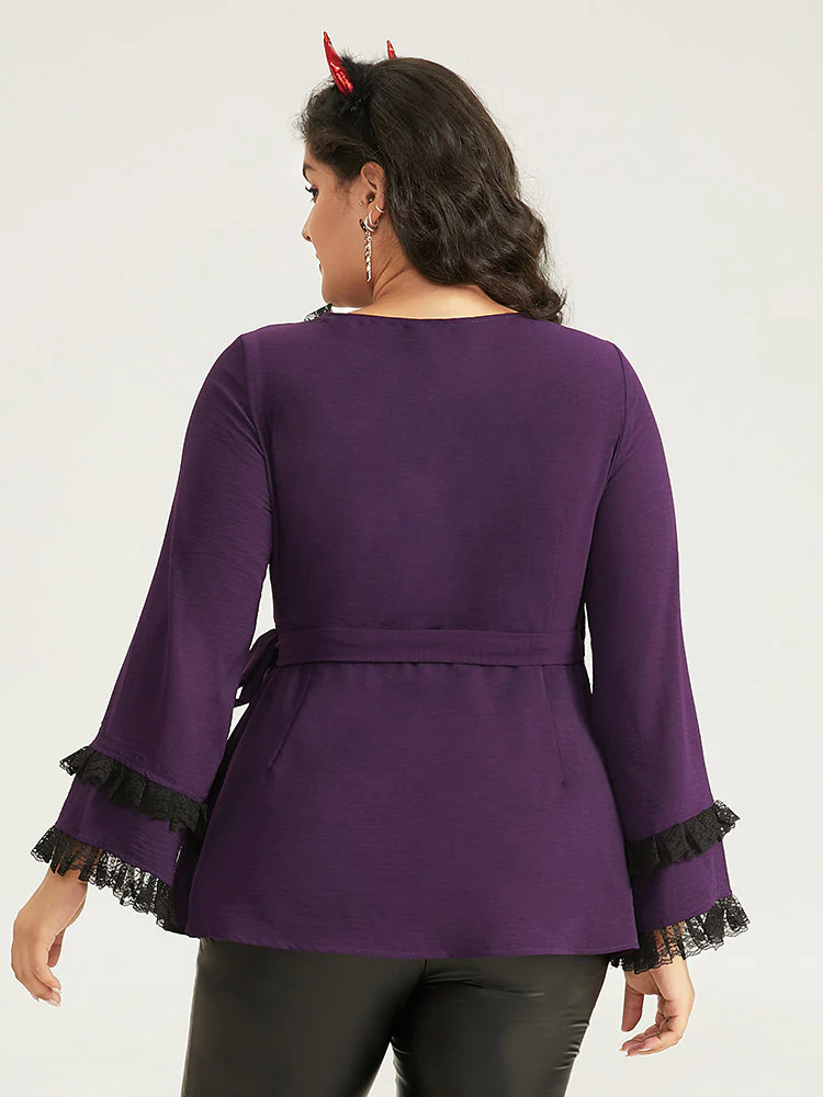 Halloween Contrast Eyelet Lace Wrap Layered Cuffs Blouse - Image 4