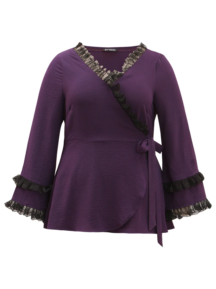 Halloween Contrast Eyelet Lace Wrap Layered Cuffs Blouse - Image 9
