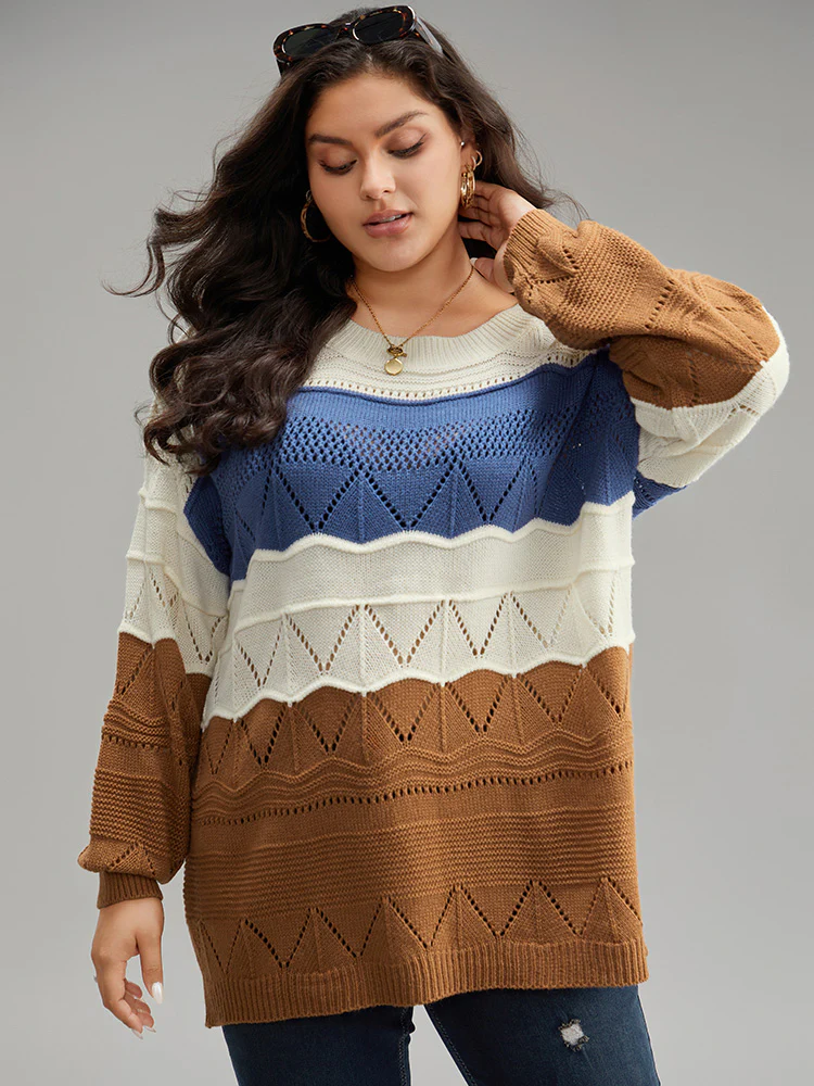 Contrast Eyelet Patchwork Elastic Cuffs Pullover - Image 2