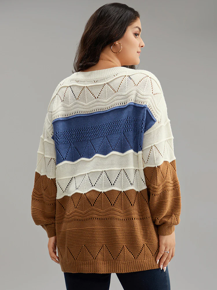 Contrast Eyelet Patchwork Elastic Cuffs Pullover - Image 3