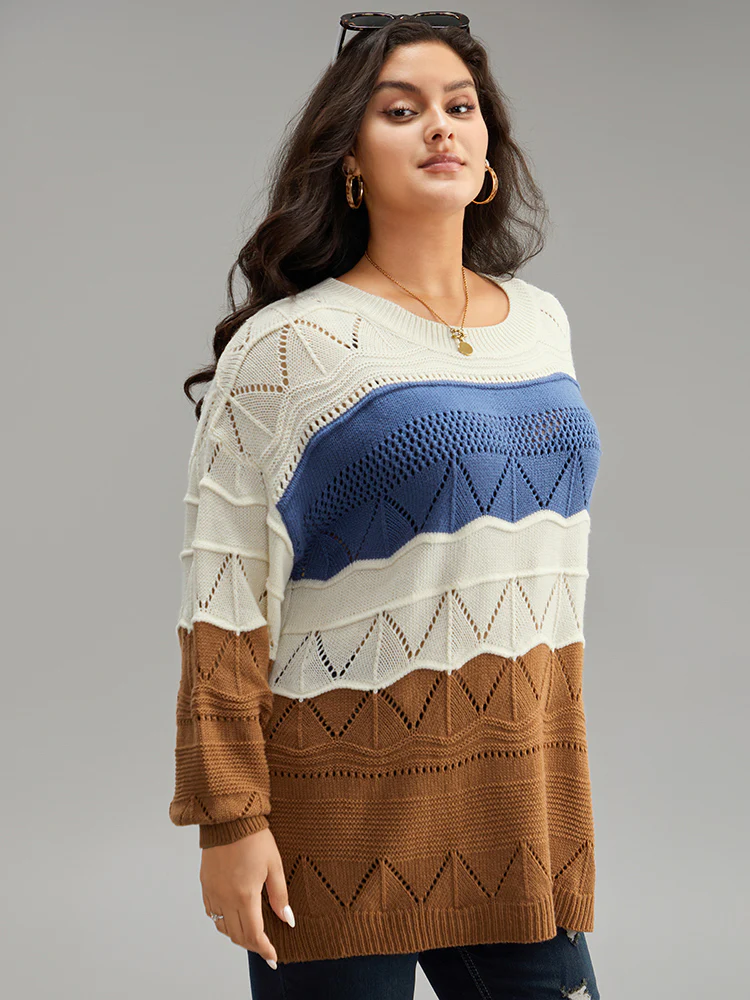 Contrast Eyelet Patchwork Elastic Cuffs Pullover - Image 4