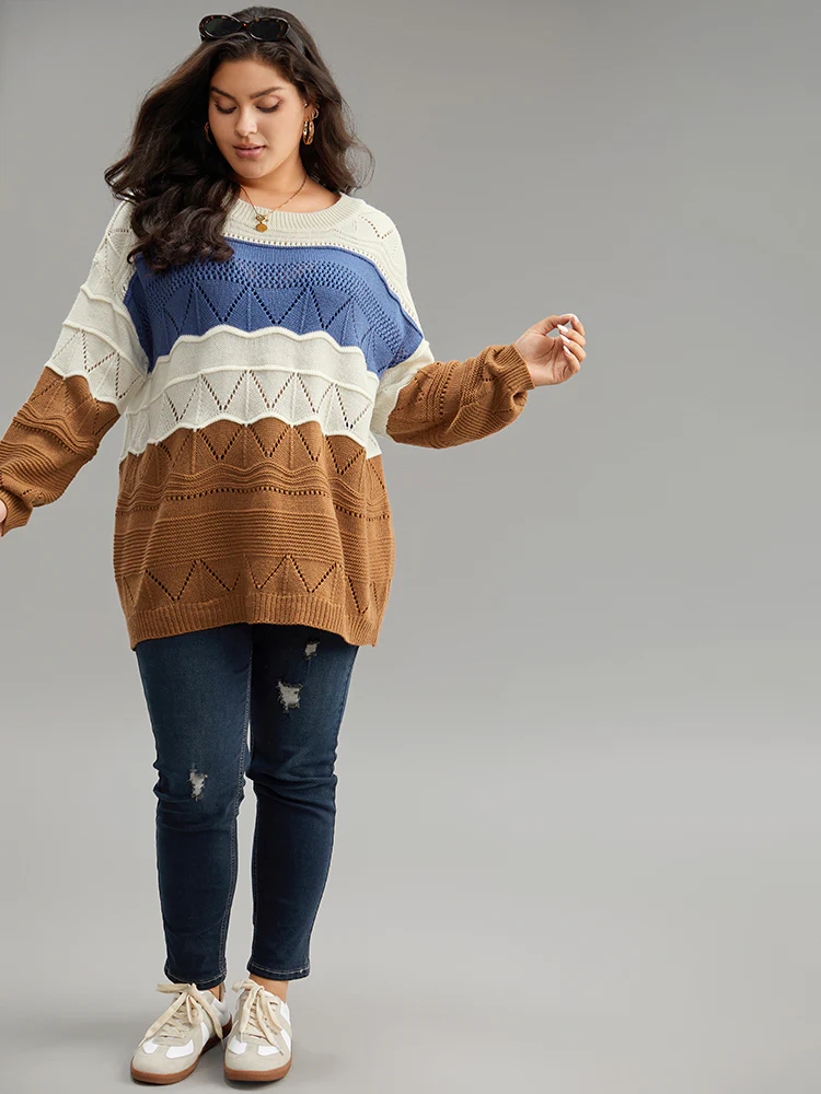 Contrast Eyelet Patchwork Elastic Cuffs Pullover - Image 5