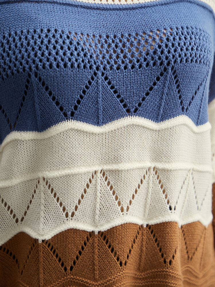 Contrast Eyelet Patchwork Elastic Cuffs Pullover - Image 6