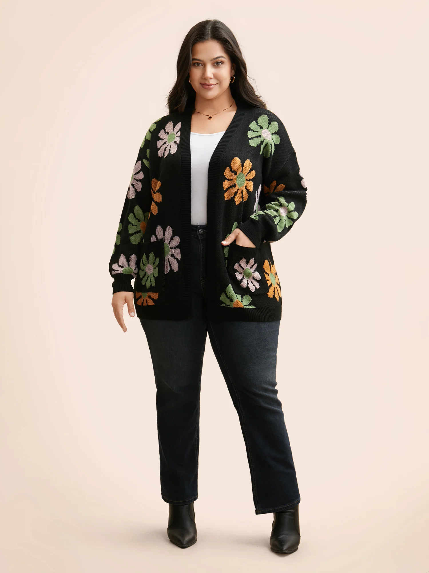 Contrast Floral Patch Pocket Cardigan - Image 3