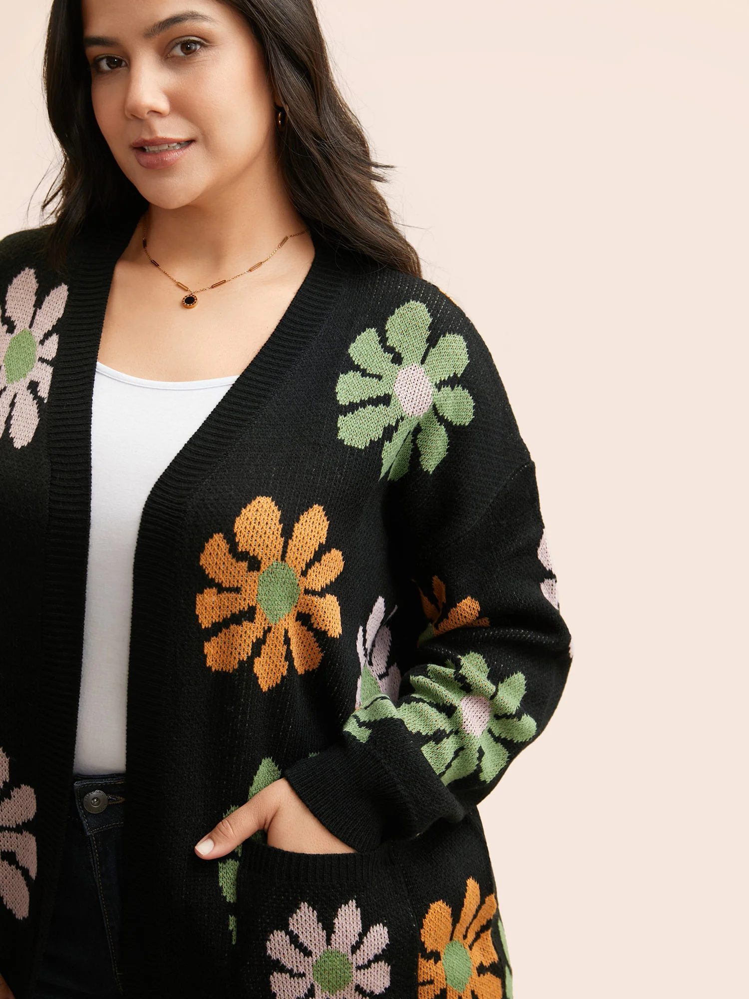 Contrast Floral Patch Pocket Cardigan - Image 4