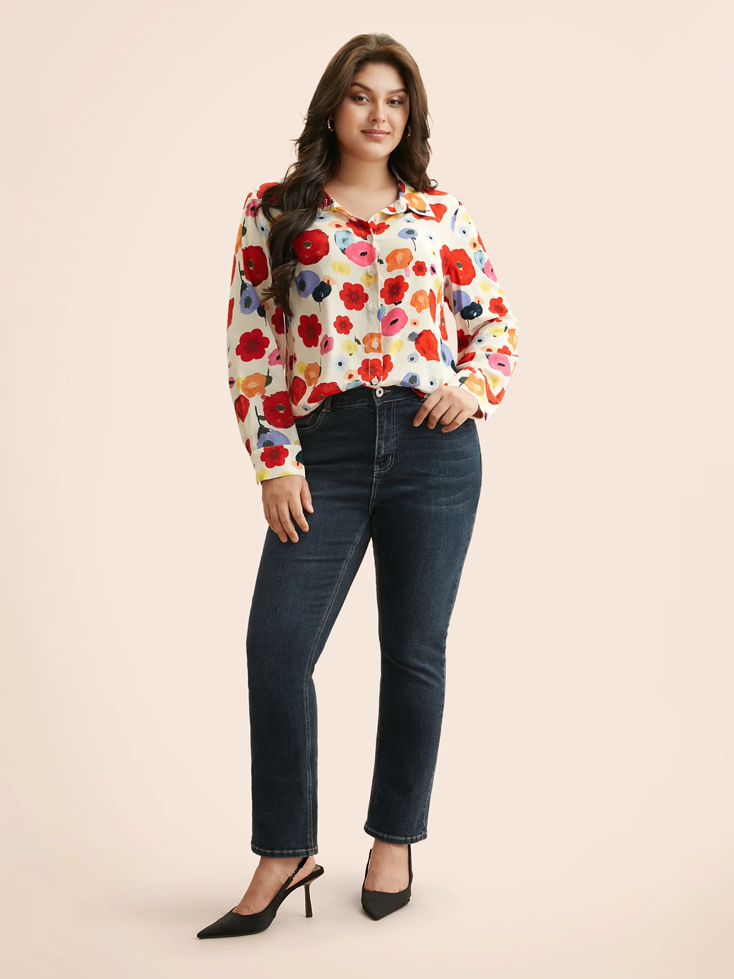 Contrast Floral Shirt Collar Blouse - Image 2