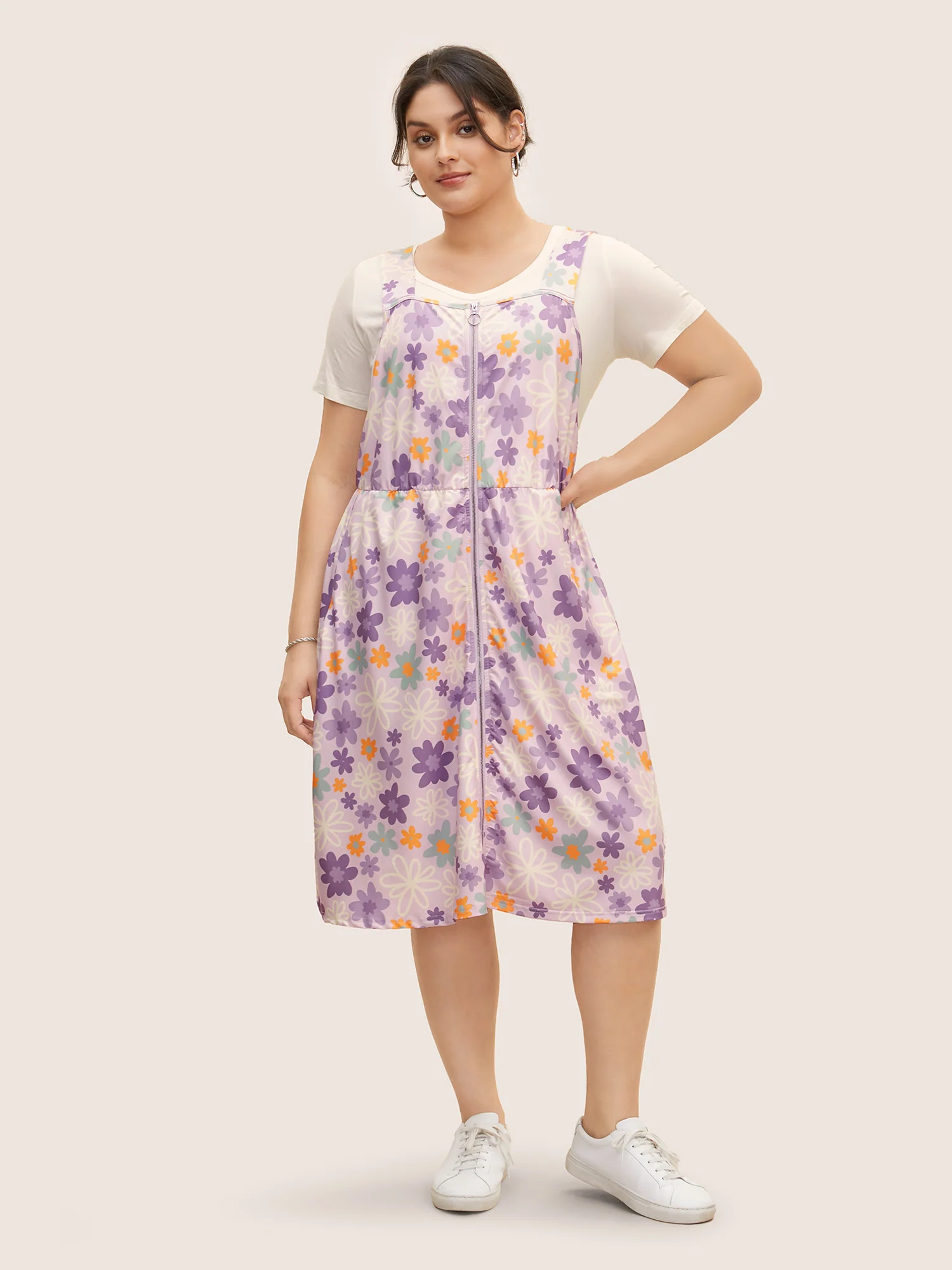 Contrast Floral Zipper Sleeveless Midi Dress - Image 2
