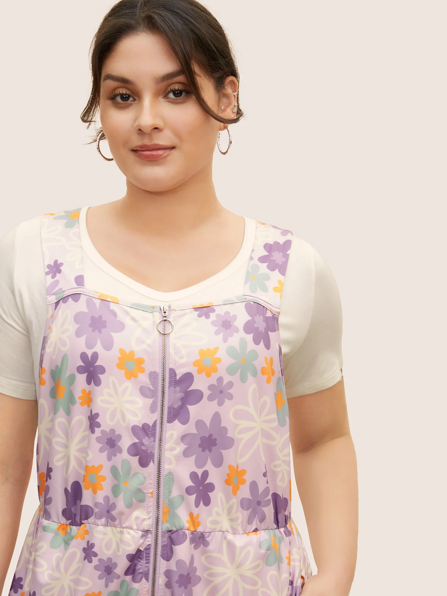 Contrast Floral Zipper Sleeveless Midi Dress - Image 4