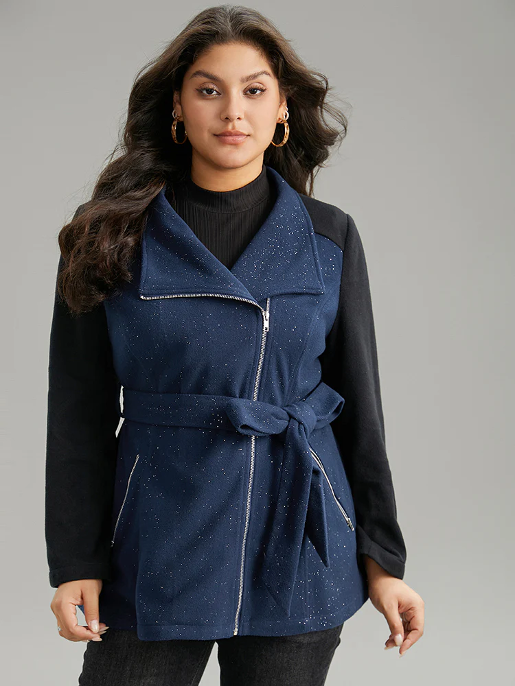 Contrast Glitter Belted Patchwork Zipper Coat - Image 2
