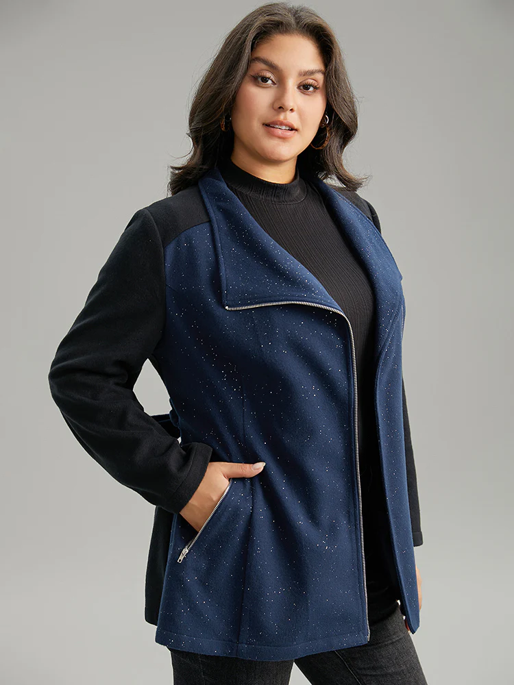 Contrast Glitter Belted Patchwork Zipper Coat - Image 3