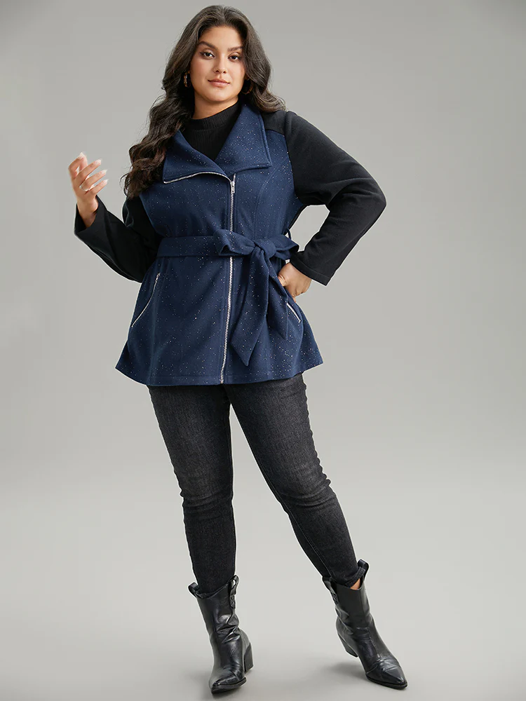 Contrast Glitter Belted Patchwork Zipper Coat - Image 4