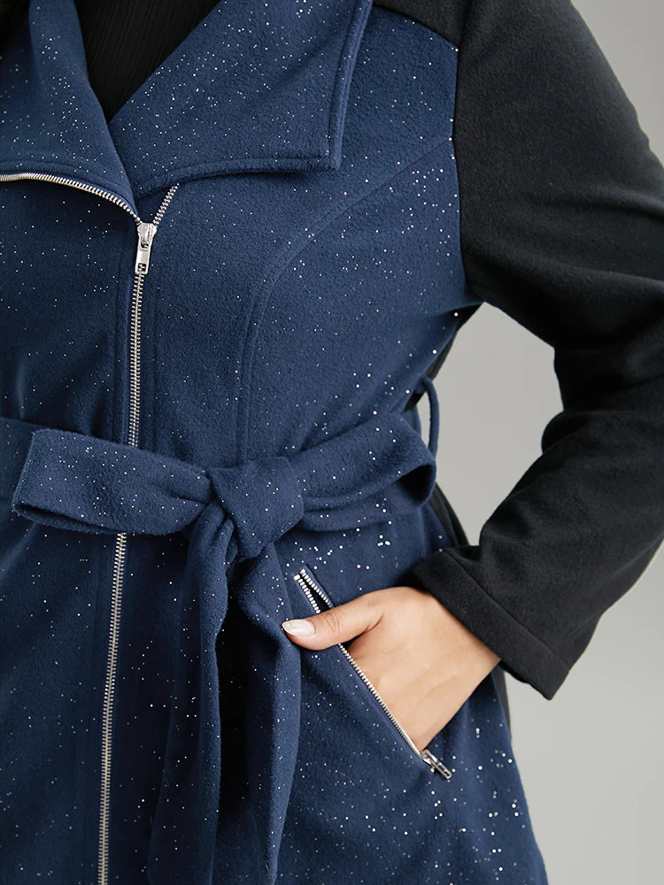 Contrast Glitter Belted Patchwork Zipper Coat - Image 6