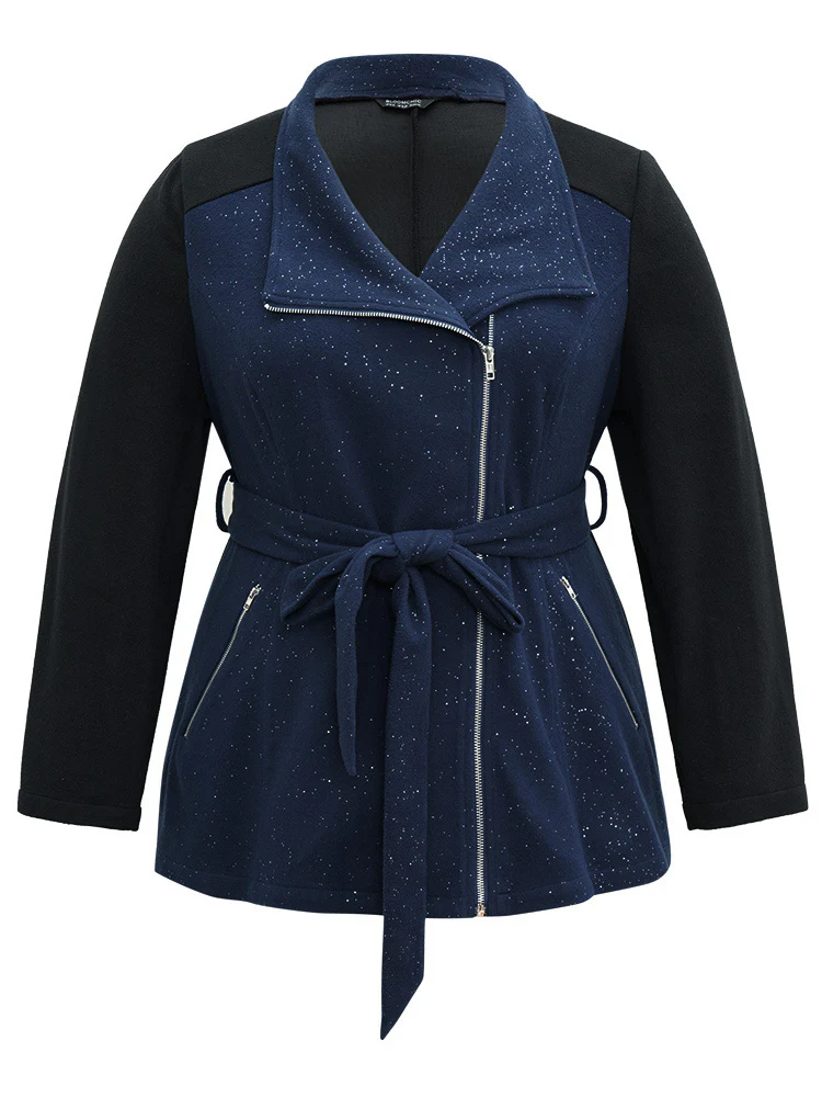 Contrast Glitter Belted Patchwork Zipper Coat - Image 7