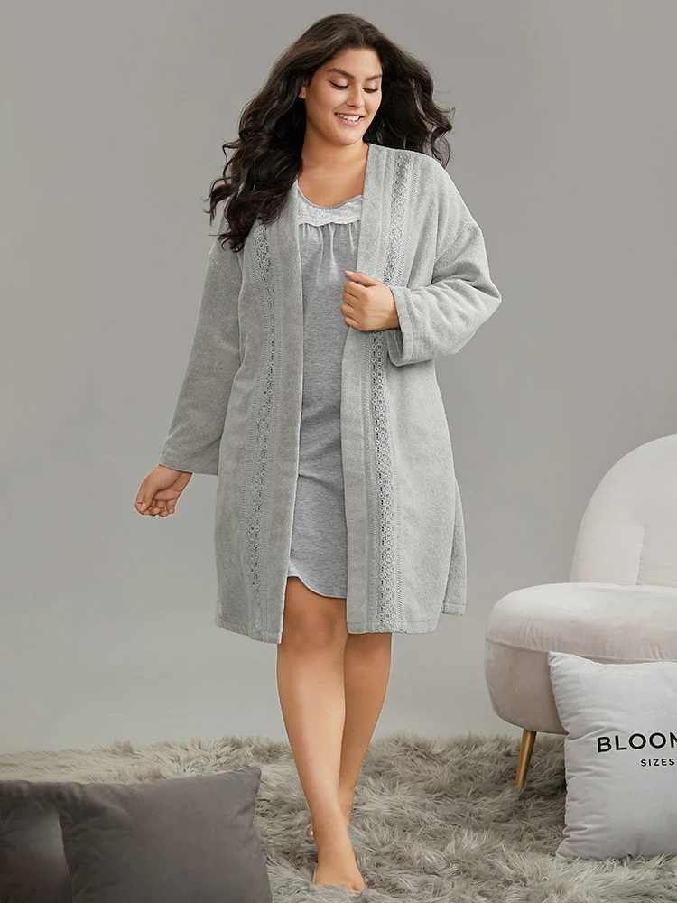 Contrast Guipure Lace Belted Drop Shoulder Sleep Robe - Image 3