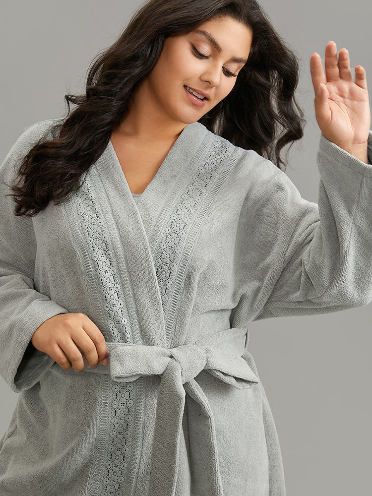 Contrast Guipure Lace Belted Drop Shoulder Sleep Robe - Image 4