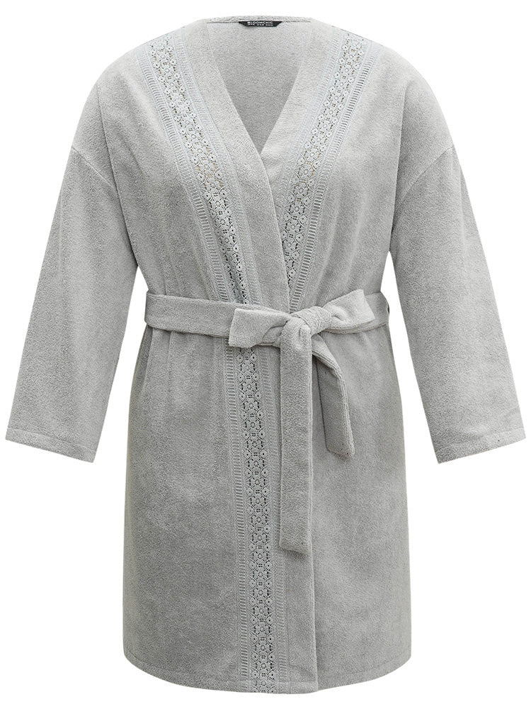 Contrast Guipure Lace Belted Drop Shoulder Sleep Robe - Image 5