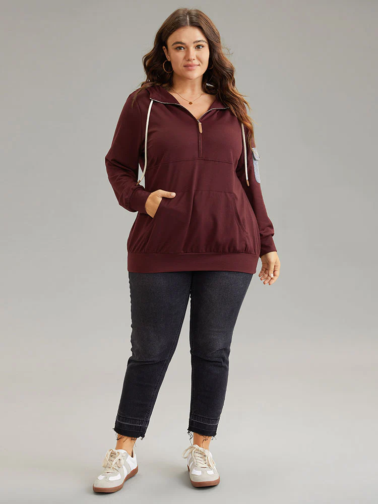 Contrast Half Zip Patched Pocket Hooded Sweatshirt - Image 4
