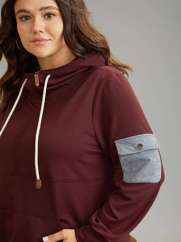 Contrast Half Zip Patched Pocket Hooded Sweatshirt - Image 5