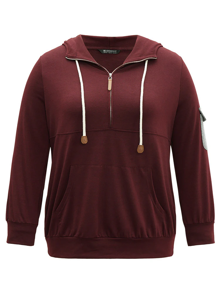 Contrast Half Zip Patched Pocket Hooded Sweatshirt - Image 6