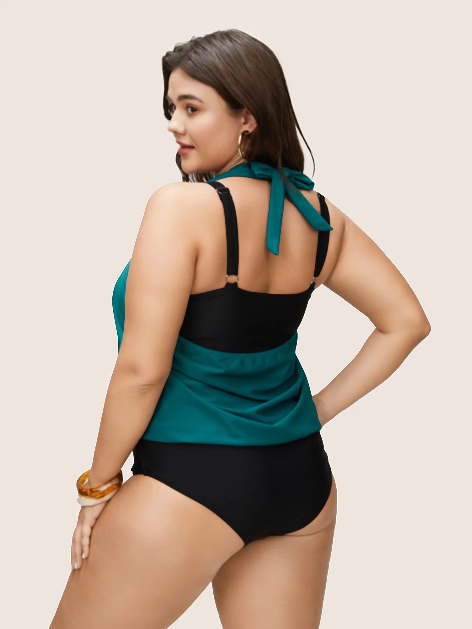 Contrast Halter Bowknot Patchwork One Piece Swimsuit - Image 2