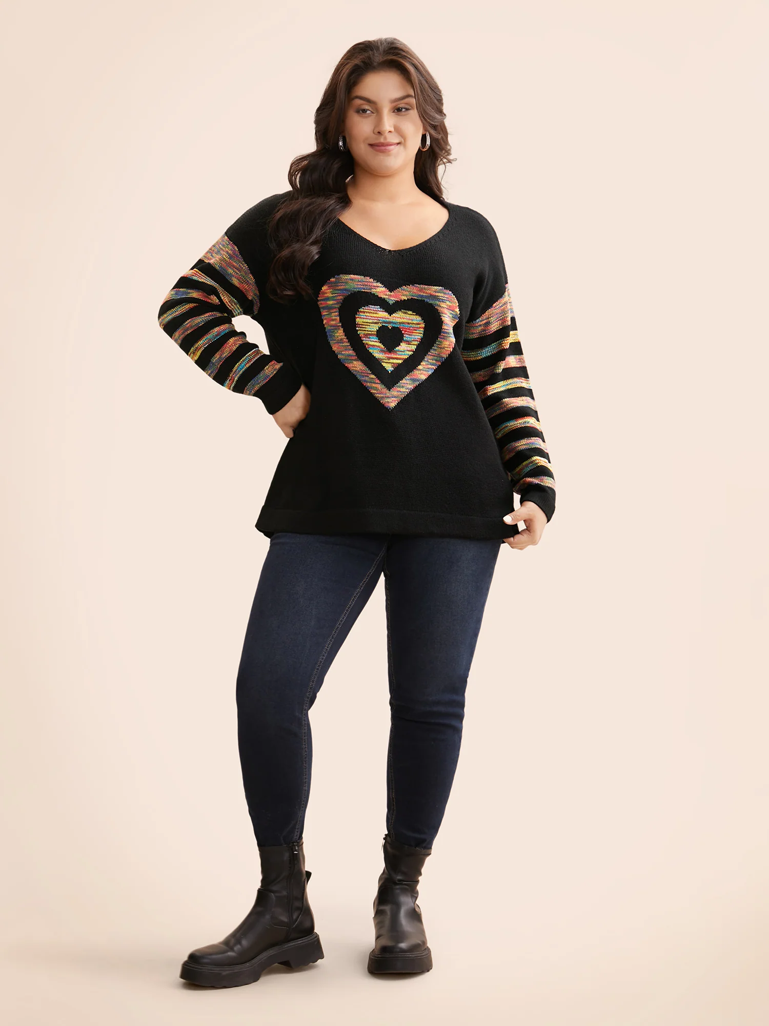 Contrast Heart Jacquard Drop Shoulder Pullover - Image 3