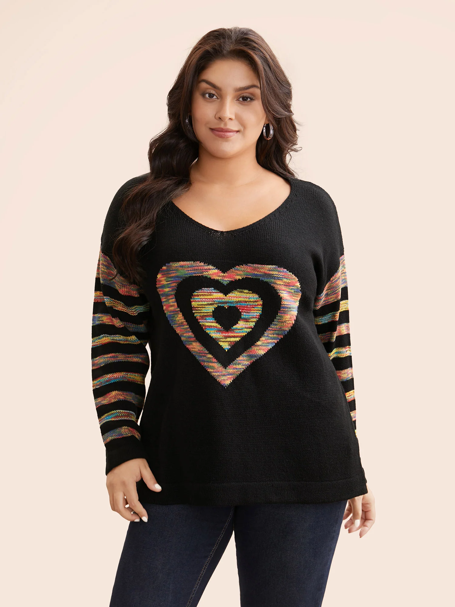 Contrast Heart Jacquard Drop Shoulder Pullover - Image 4