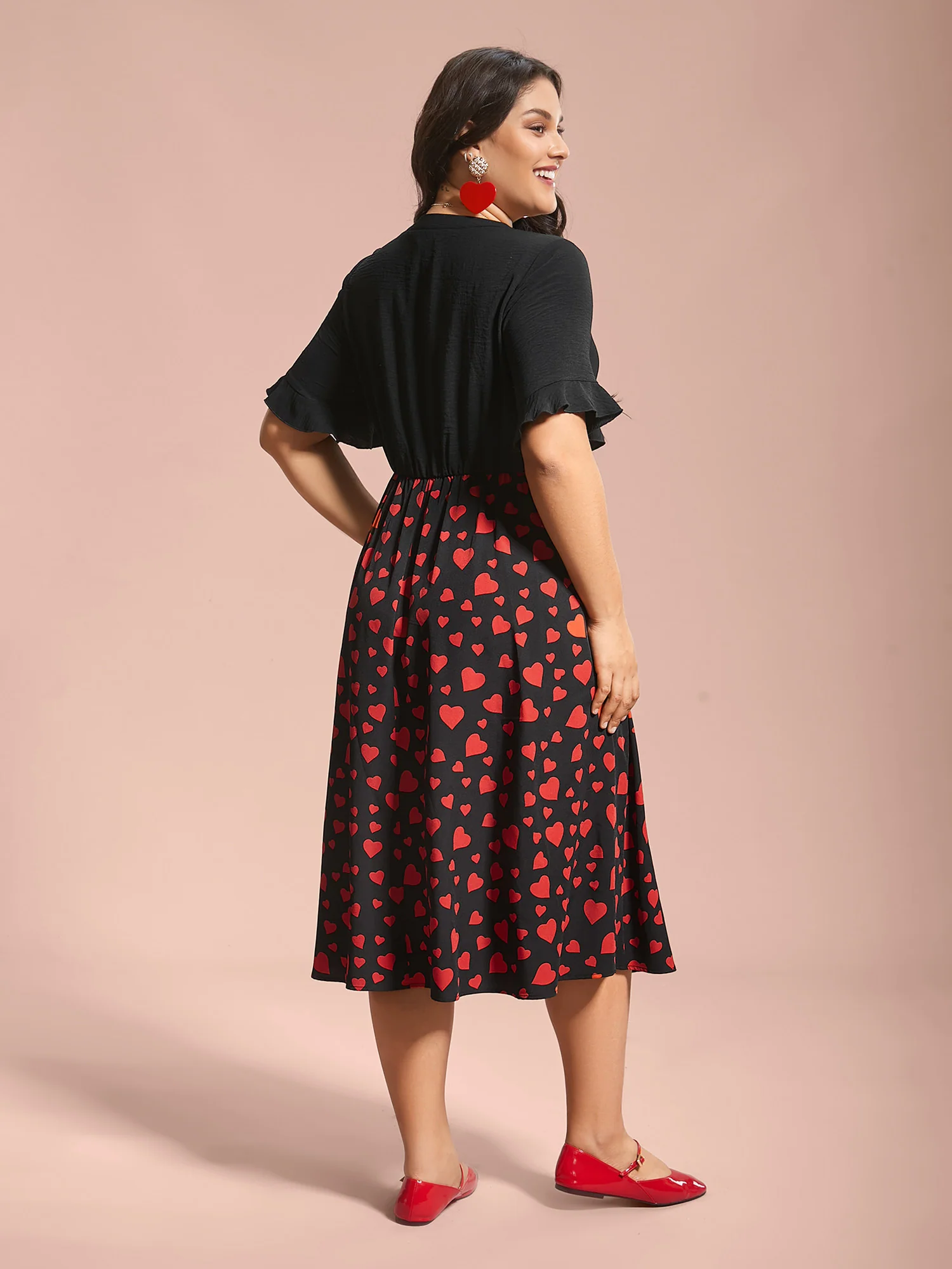Contrast Heart Pattern Notched Collar Dress - Image 6