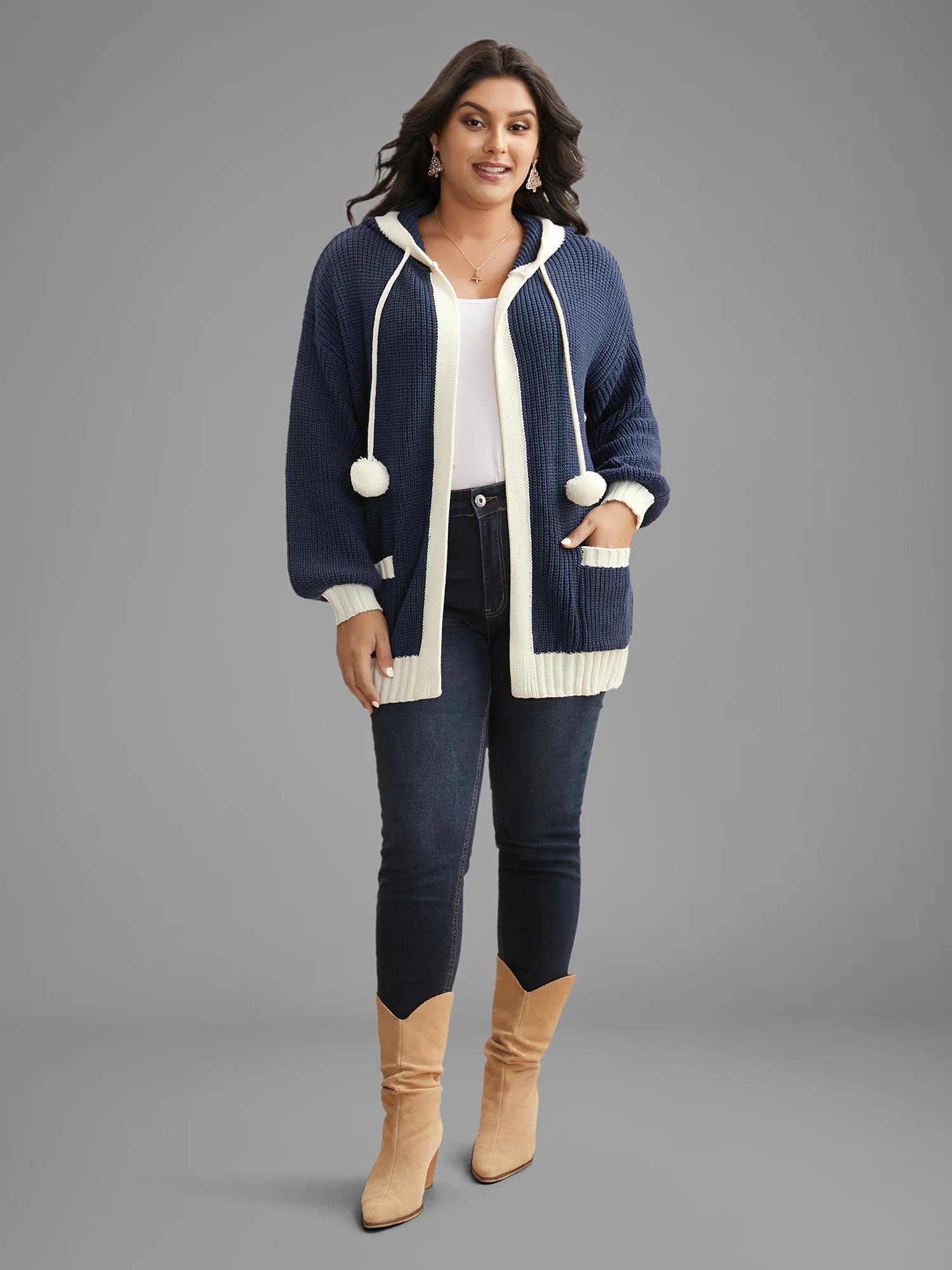 Contrast Hood Hemline Pockets Open Cardigan - Image 2